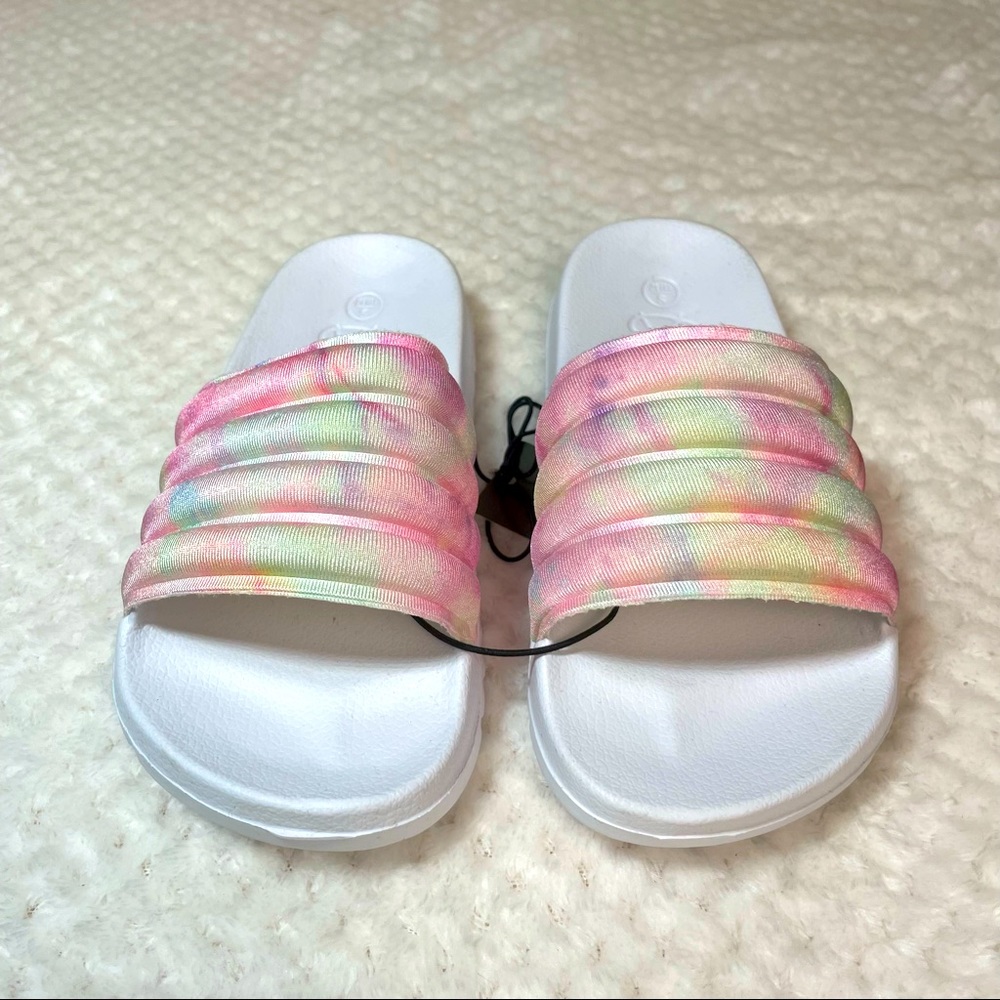 NWT - Girls Puffy Pastel Rainbow Slides - Comfy & Cute